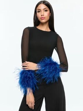 ALICE + OLIVIA Delaina Long-Sleeve Mesh Feather Cuff Top NWT